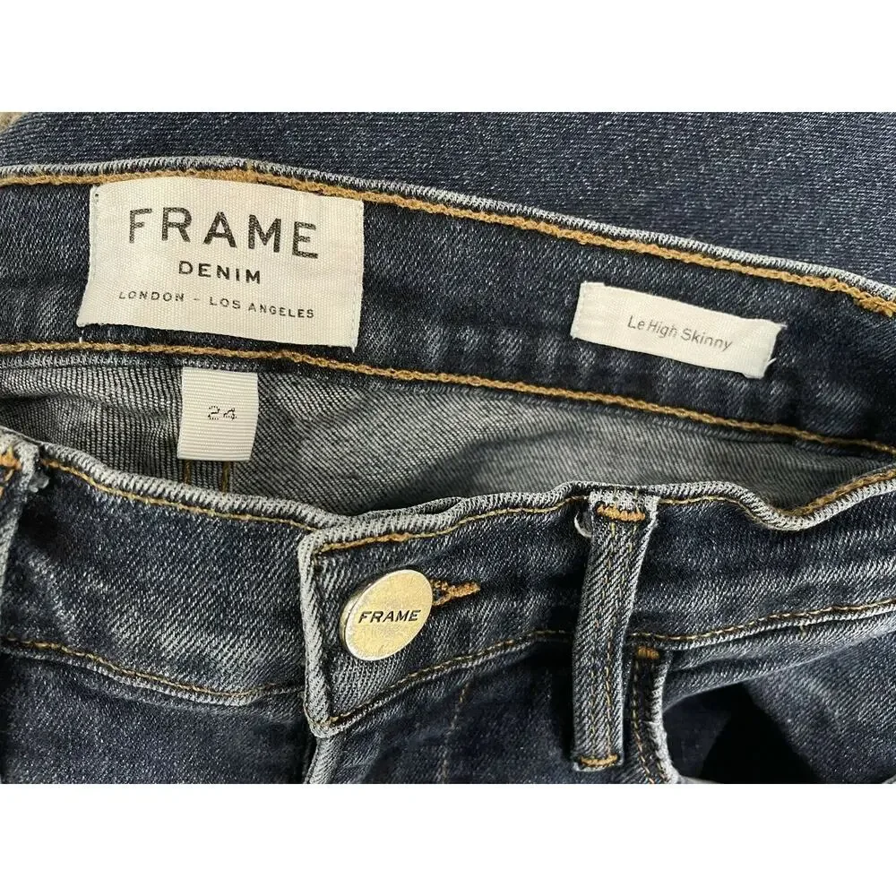 FRAME Denim Le High Skinny Blue Heren Raw Hem Crop Distressed Jeans Size 24 - Picture 4 of 6